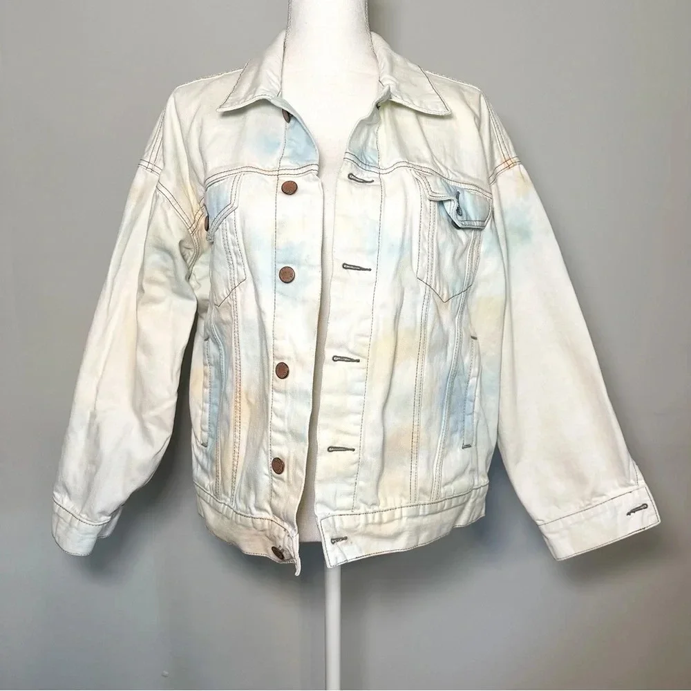 Free People White Multi Colored Tie Dye Denim Oversized Jacket - Picture 4 of 8